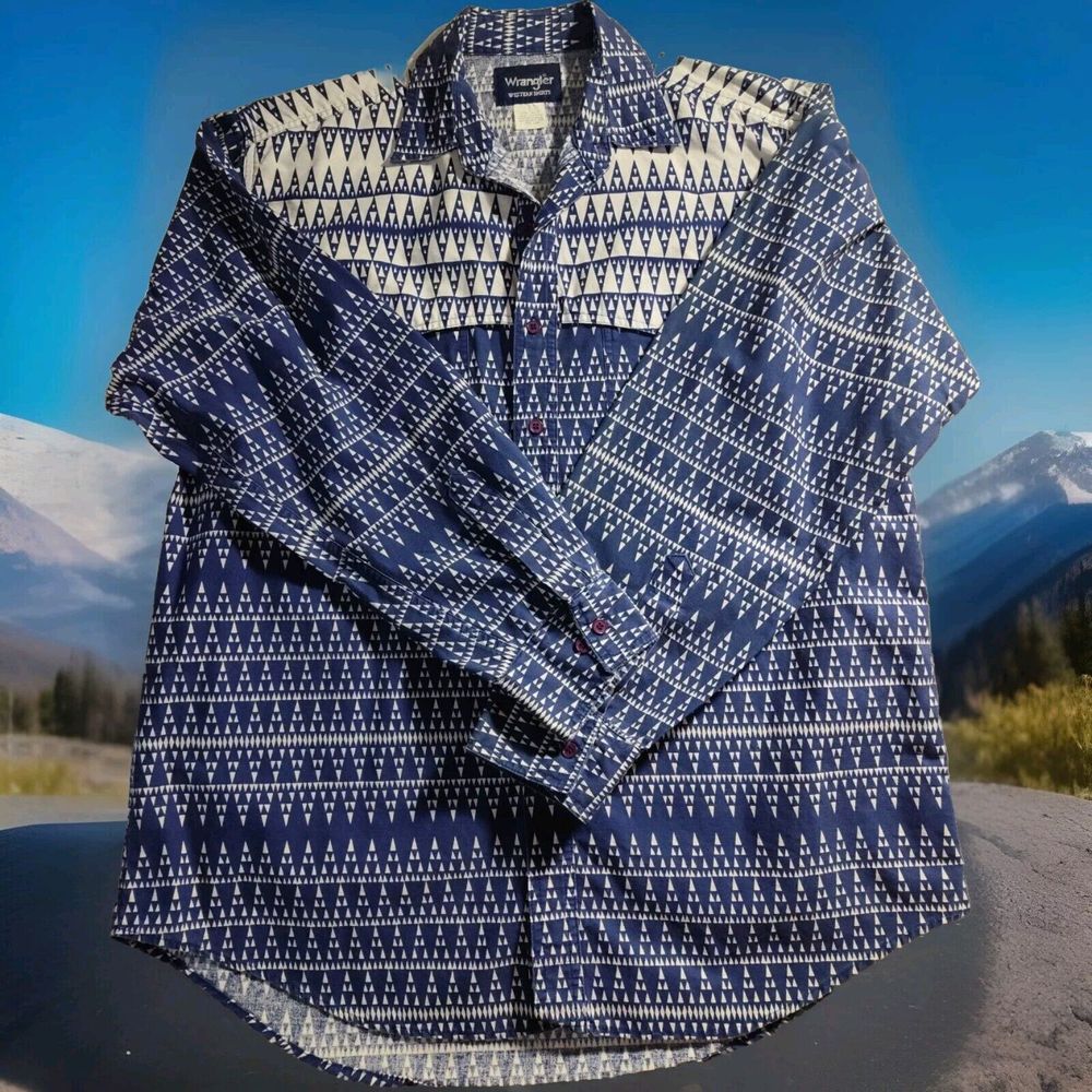 Wrangler Men's‎ Large Blue and White Geometric Western Brushpopper Shirt 855